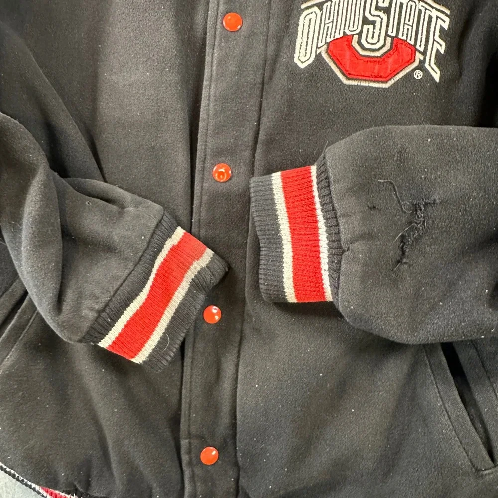 G-III Ohio State Buckeyes Varsity Bomber Jacket Mens Medium Black Red Wool Snap - Picture 7 of 9